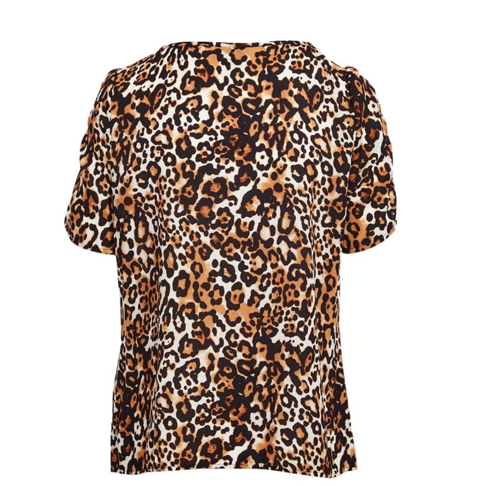 Brown Leopard Notch-Neck Puff-Sleeve Top - NWOT
